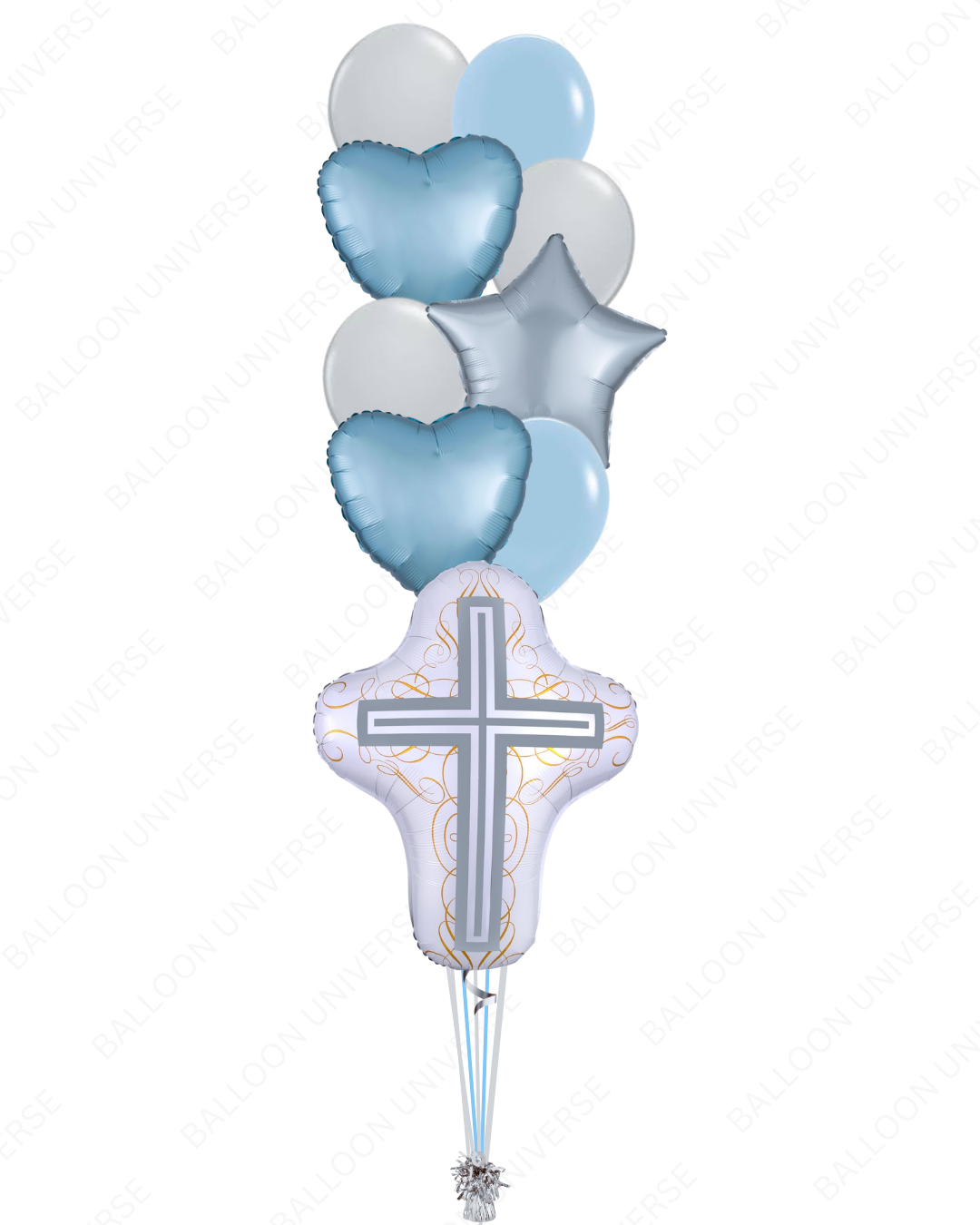 Balloon bouquet with blue and silver heart shapes and a religious cross 