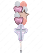 Balloon bouquet with heart shapes and a religious cross balloon