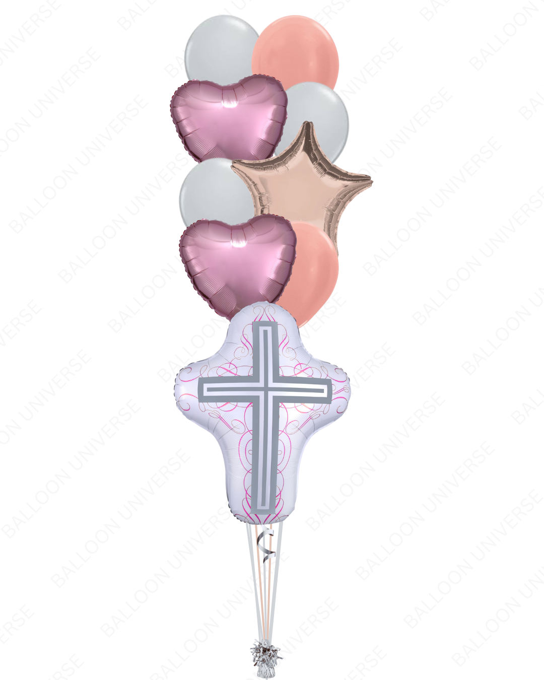 Balloon bouquet with heart shapes and a religious cross balloon