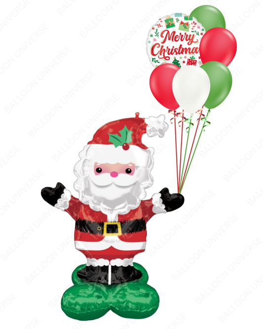 Inflatable Santa Claus balloon with balloons labeled 'Merry Christmas'  