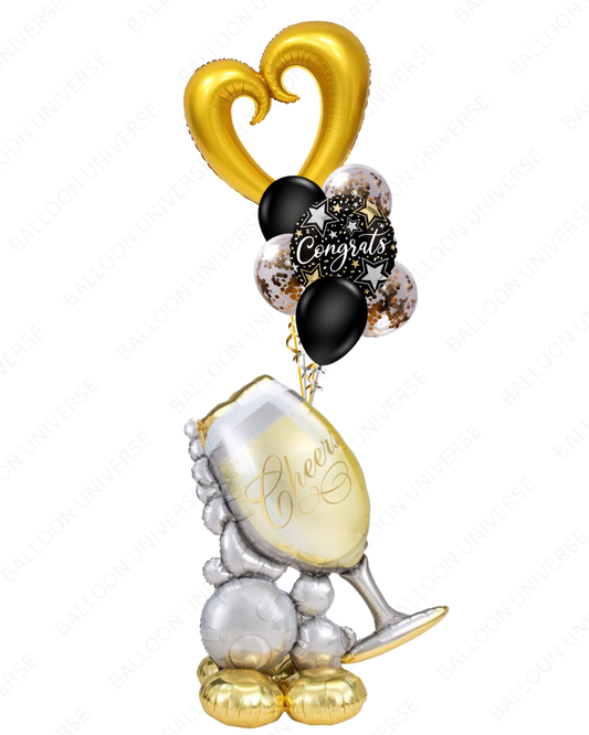 4-ft Champagne Glass Airwalker & Gold Heart Balloon Arrangement