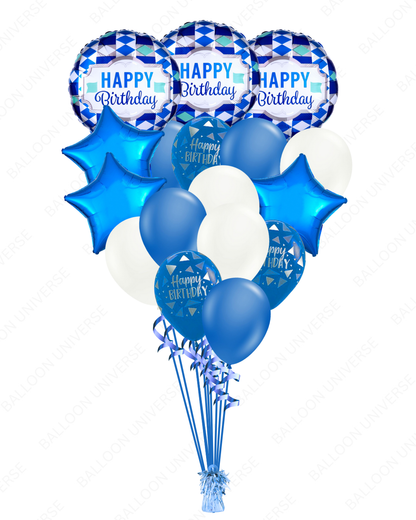 Happy Birthday Tie Pattern Balloon Set – Blue Stars & Latex