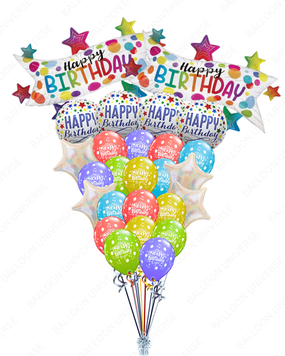 Happy Birthday in Style - Banner & Stars Mylars