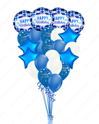 Happy Birthday Tie Pattern Balloon Set – Blue Stars & Latex