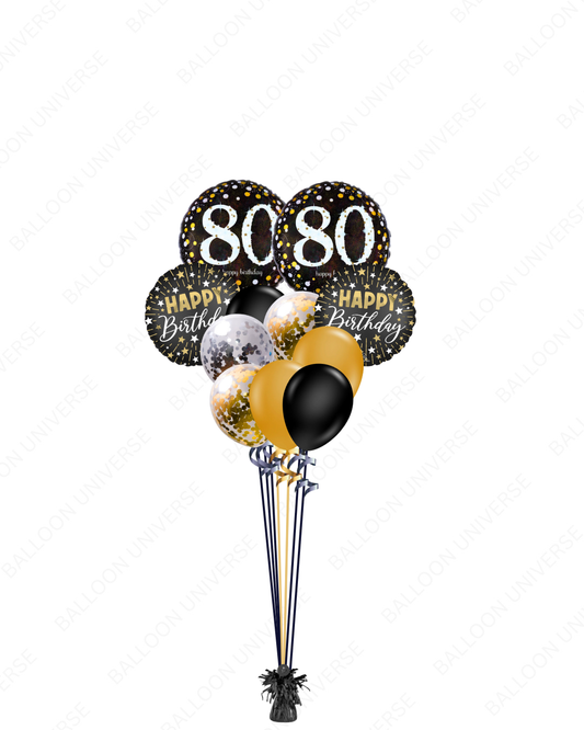 80th birthday balloon bouquet in gold and black 