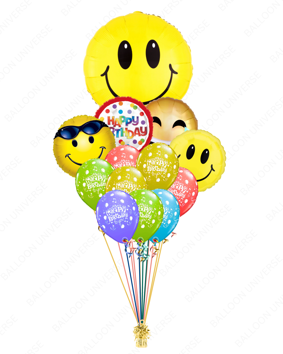Bouquet of colorful balloons with smiley faces and Happy Birthday balloons 