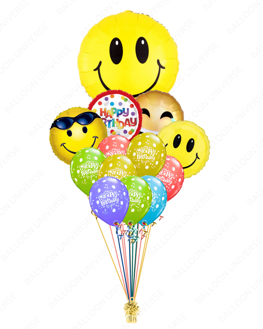 Bouquet of colorful balloons with smiley faces and Happy Birthday balloons 