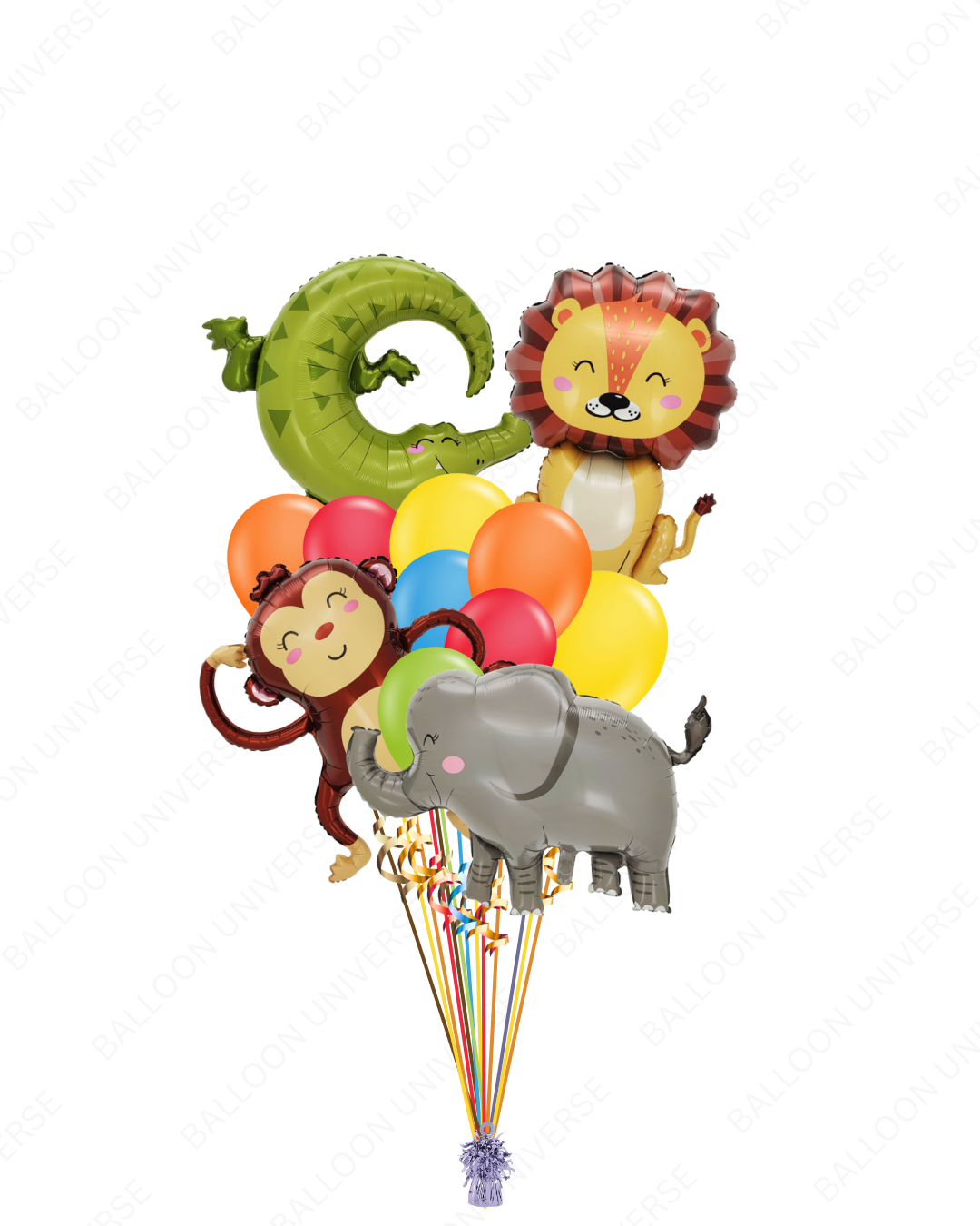 Jungle animal balloon bouquet with latex balloons in multi colors with helium inflation
