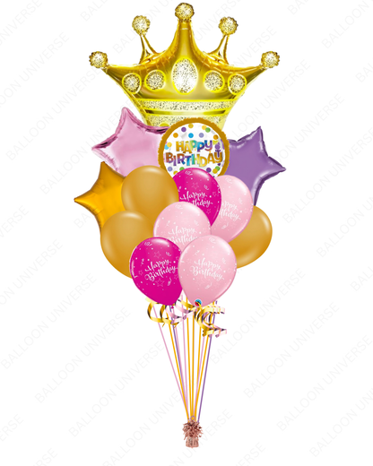 Colorful birthday balloons with a gold crown and 'Happy Birthday'mylar