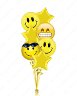 Set of yellow emoji smiley face balloons with star shapes 