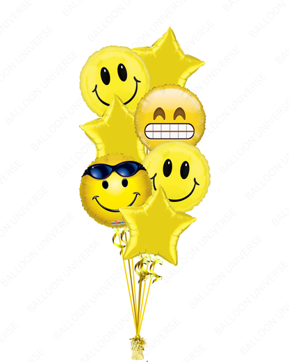 Set of yellow emoji smiley face balloons with star shapes 