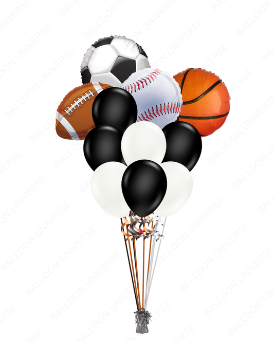 Bouquet of sports-themed balloons including soccer ball, football, baseball, and basketball 