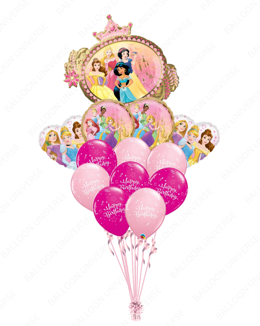Disney Princess balloon bouquet with pink and rose gold happy birthday latex balloons 