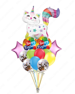Colorful birthday balloon bouquet with a cat balloon and confetti balloons