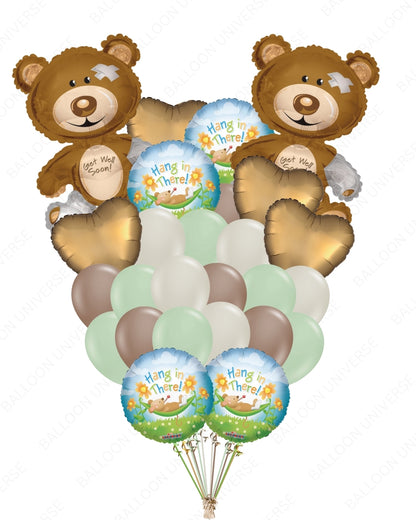 36" Get Well Soon Bear Balloon | “Hang in There” Mylar | Gold Heart Mylar & Latex