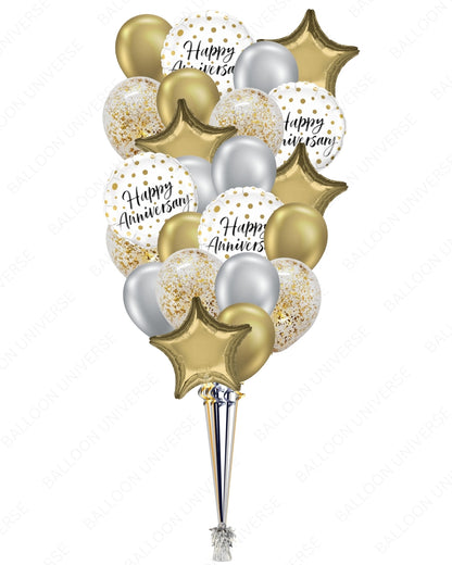 Elegant Gold & Silver Happy Anniversary Balloon Bouquet