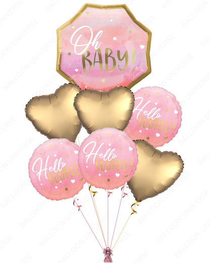 Hello World Baby Shower Pink Balloon Bouquet for Girls
