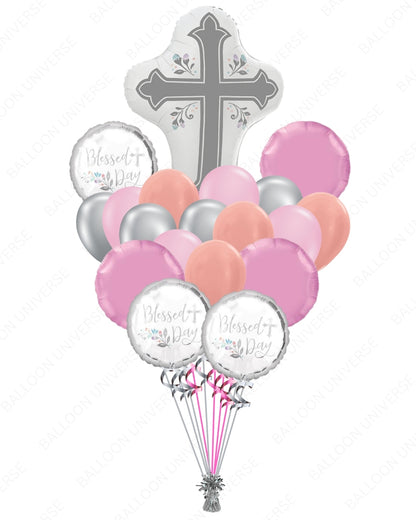 Blessed Day Religious Cross Balloon Set - Pastel Pink, Rose Gold & Silver Balloons