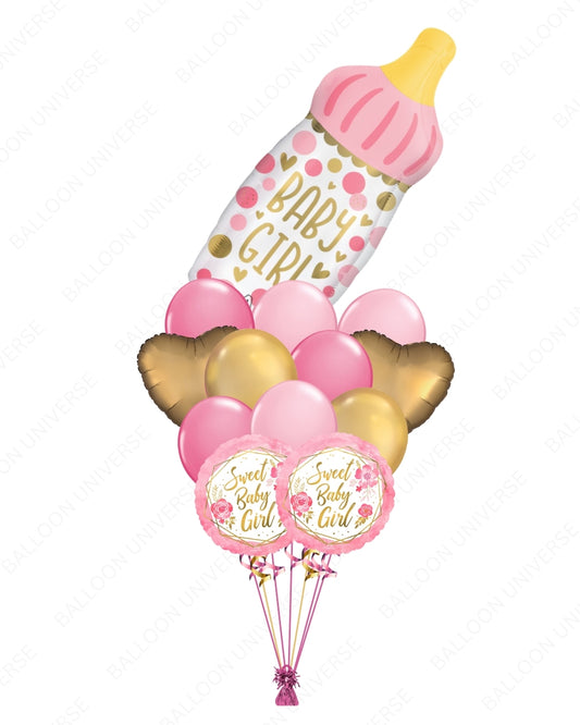 Pink Welcome Baby Bottle Balloon Bouquet / Gold Hearts & Baby Girl Mylar - Baby Shower & Newborn Celebration