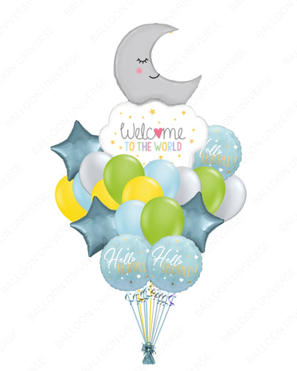 Hello World Baby Balloon Set with Moon & Stars