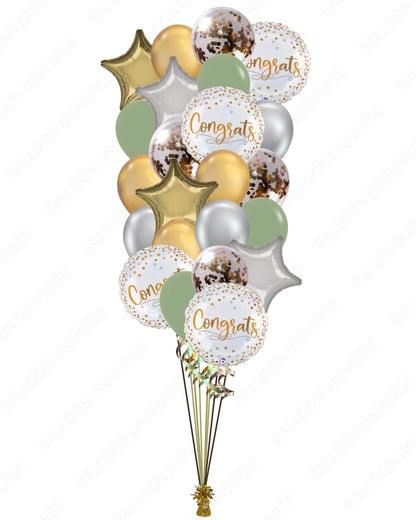 Rose Gold Confetti, Green & Gold Latex with Star Congrats Balloons