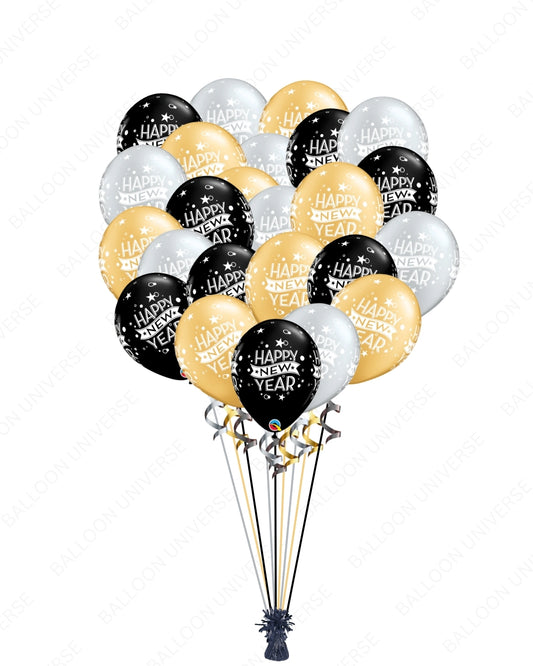 Two Dozen Happy New Year Balloons in Black, Silver & Gold