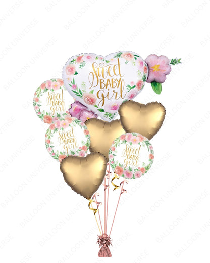 Sweet Baby Girl Balloon Bouquet / Giant Foil with Gold Heart Balloons - Baby Shower & Newborn Celebration