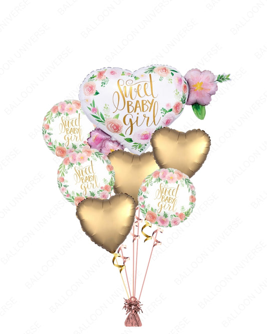Sweet Baby Girl Balloon Bouquet / Giant Foil with Gold Heart Balloons - Baby Shower & Newborn Celebration
