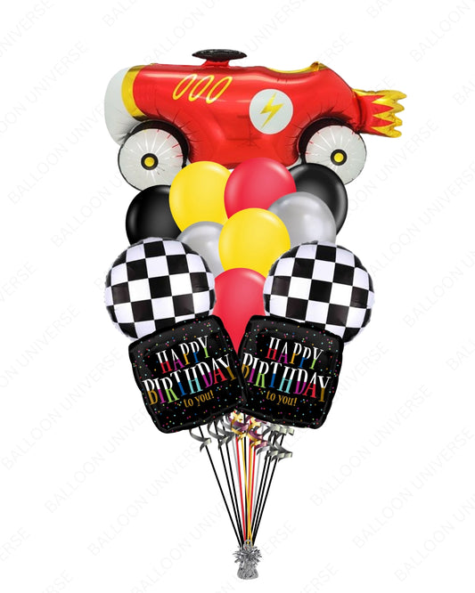 Vroom Vroom Birthday Balloons - Big Car Mylar, Checkered Flags & Latex Combo
