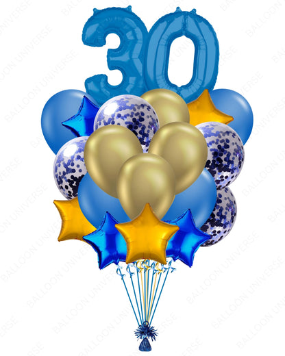 Blue & Gold Balloon Set with Number Mylar & Confetti Latex