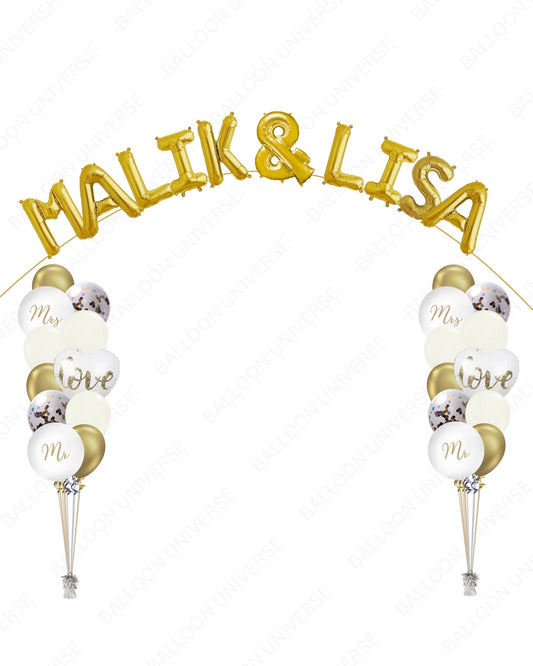 Custom Couple Name Arch with Gold & Confetti Balloon Bouquets