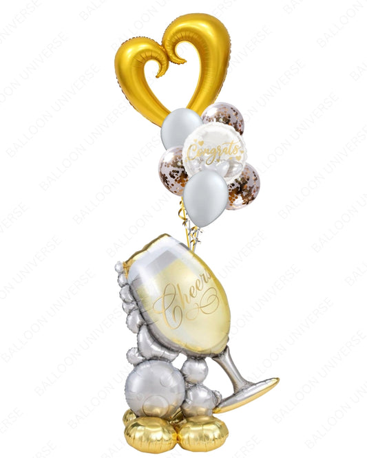 Luxury Champagne Celebration Balloon Bouquet - Standing Airwalker with Gold Heart & Confetti Latex