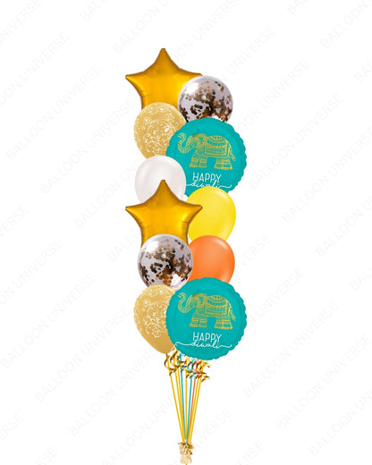 Diwali Celebration Balloon Bouquet with Gold Stars & Confetti