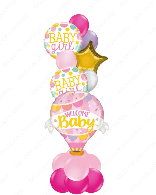 Welcome Baby Balloon Tower | SuperShape Hot Air Balloon with Base for Baby Girl