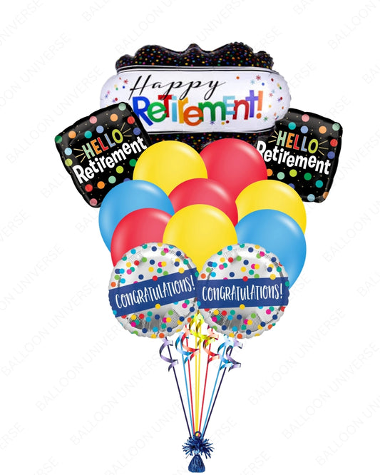 Happy Retirement & Congratulations Balloon Bouquet | Colorful Balloons in Red/Blue/Yellow