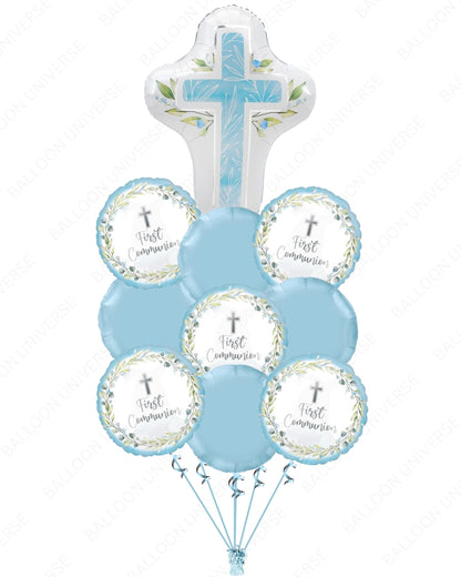 Blue Religious Cross First Communion Balloon Bouquet