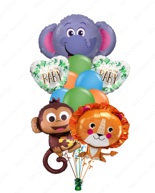 Zoo Animal Welcome Baby Balloon Bouquet - Elephant, Lion, Monkey & Colorful Latex