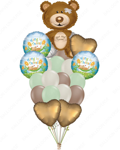 36" Get Well Soon Bear Balloon | “Hang in There” Mylar | Gold Heart Mylar & Latex
