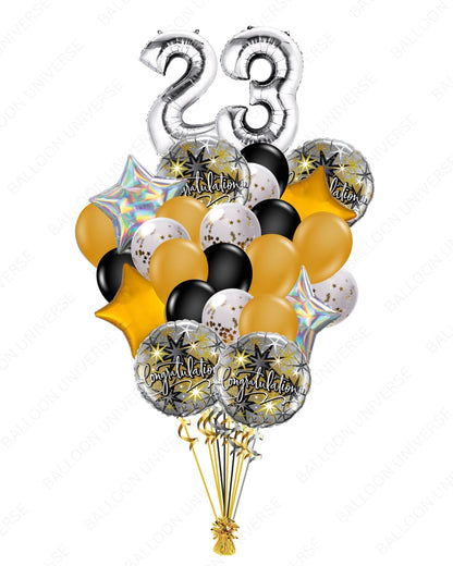 Custom Silver Number/Stars/Confetti & Congratulations Balloon Bouquet