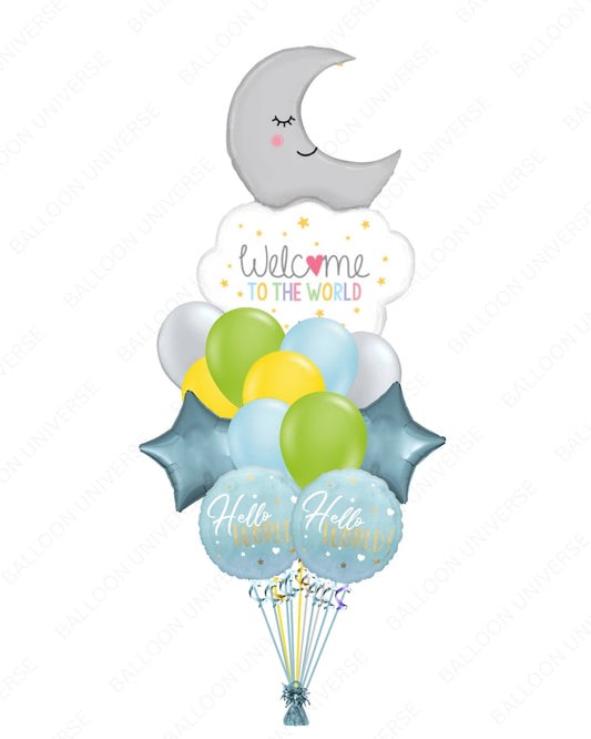 Hello World Baby Balloon Set with Moon & Stars