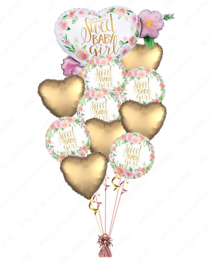 Sweet Baby Girl Balloon Bouquet / Giant Foil with Gold Heart Balloons - Baby Shower & Newborn Celebration