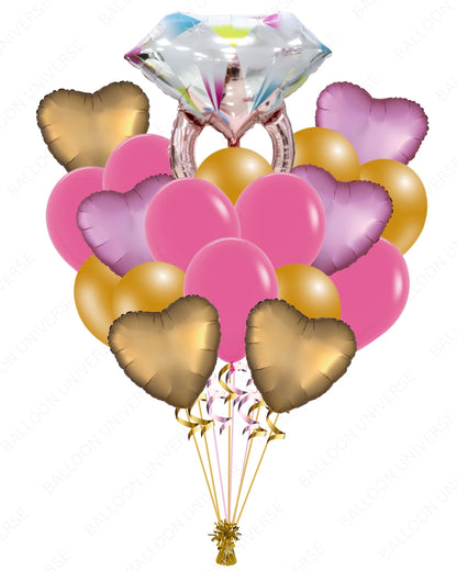 37" Pink Diamond Ring with Heart Mylar & Latex Balloons / Helium Filled