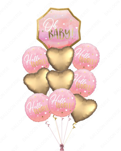 Hello World Baby Shower Pink Balloon Bouquet for Girls