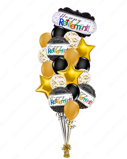 Happy Retirement Balloon Bouquet | Black, Gold & Confetti Balloons