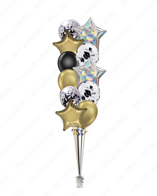 Graduation Balloon Bouquet – Black & Gold with Grad Hat Latex & Confetti