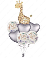 Safari Animal Balloon Set - Large Giraffe with Silver Hearts & Hello Baby Rounds