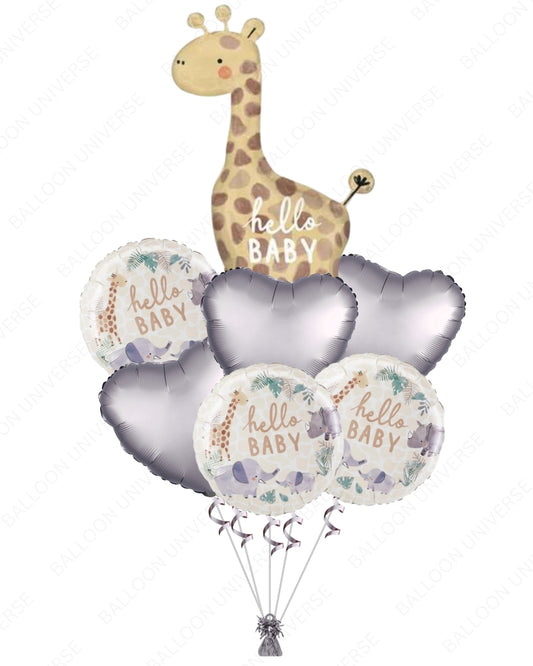 Safari Animal Balloon Set - Large Giraffe with Silver Hearts & Hello Baby Rounds