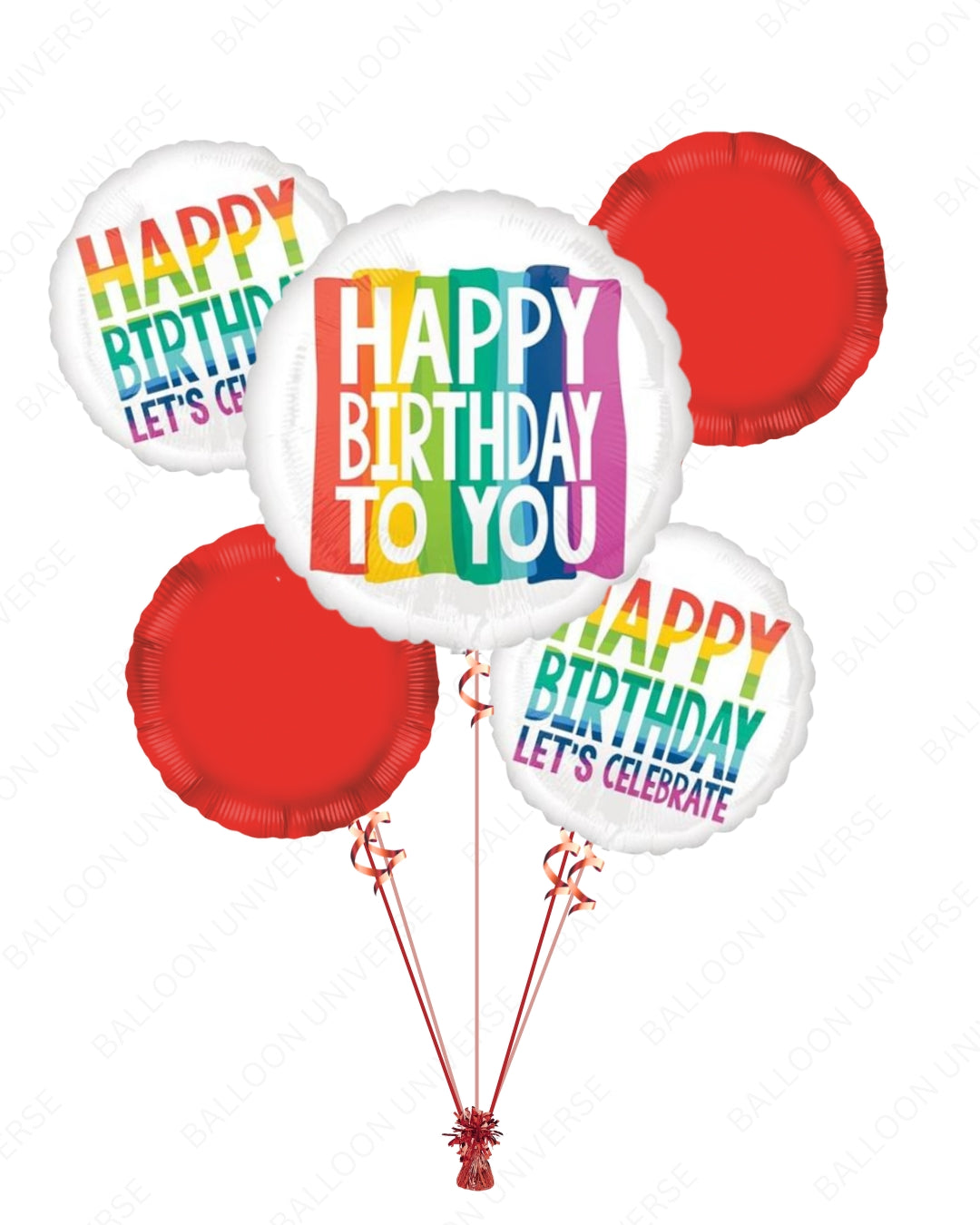 Rainbow themed birthday balloons with 'Happy Birthday'