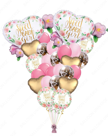 Sweet Baby Girl Balloon Set with Rose Gold Confetti & Gold Hearts