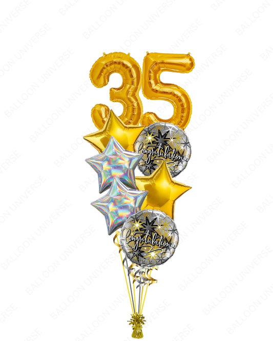 Custom Gold Number Balloon Bouquet with Stars & Congratulations Balloon